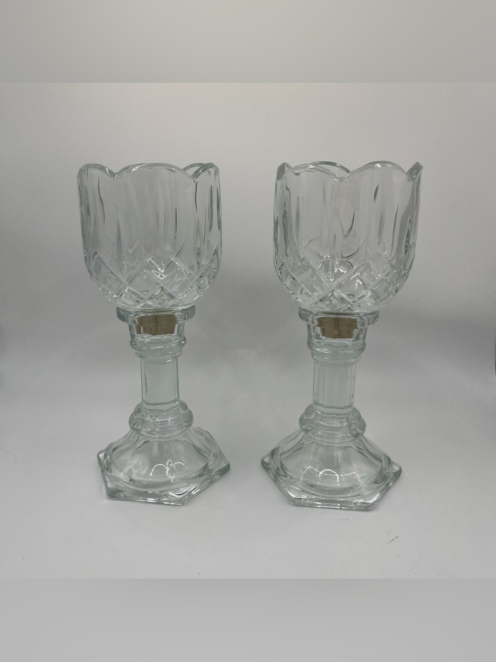 Vintage HOMCO Glass Pedestal Candle Scalloped Edge Holders - Set of 2